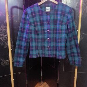 Vintage Plaid Button-Front Jacket - Teal & Purple